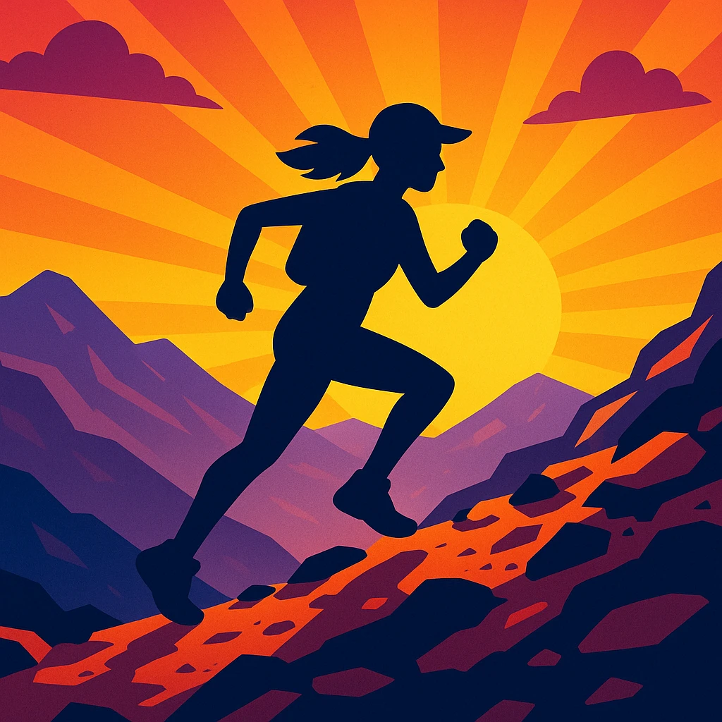 mountain trail runner, vibrant toon style, silhouette against sunrise, sporty, rugged terrain emoji