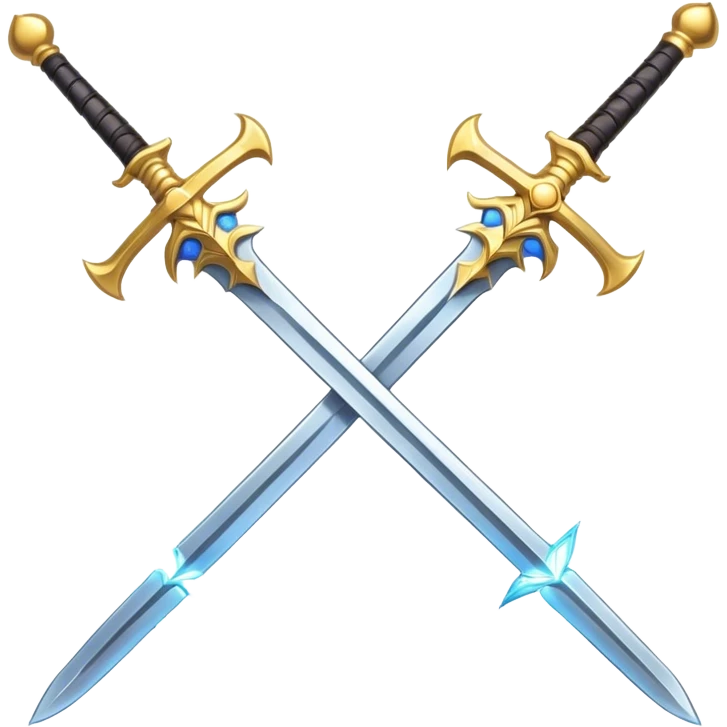 A sun burst over a set of crossed swords, but one sword is a magical staff  emoji