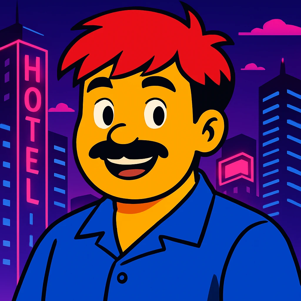 Make the face a bit rounder and add a smile, keep the vibrant toon style, neon city background, and all original colors and lighting emoji