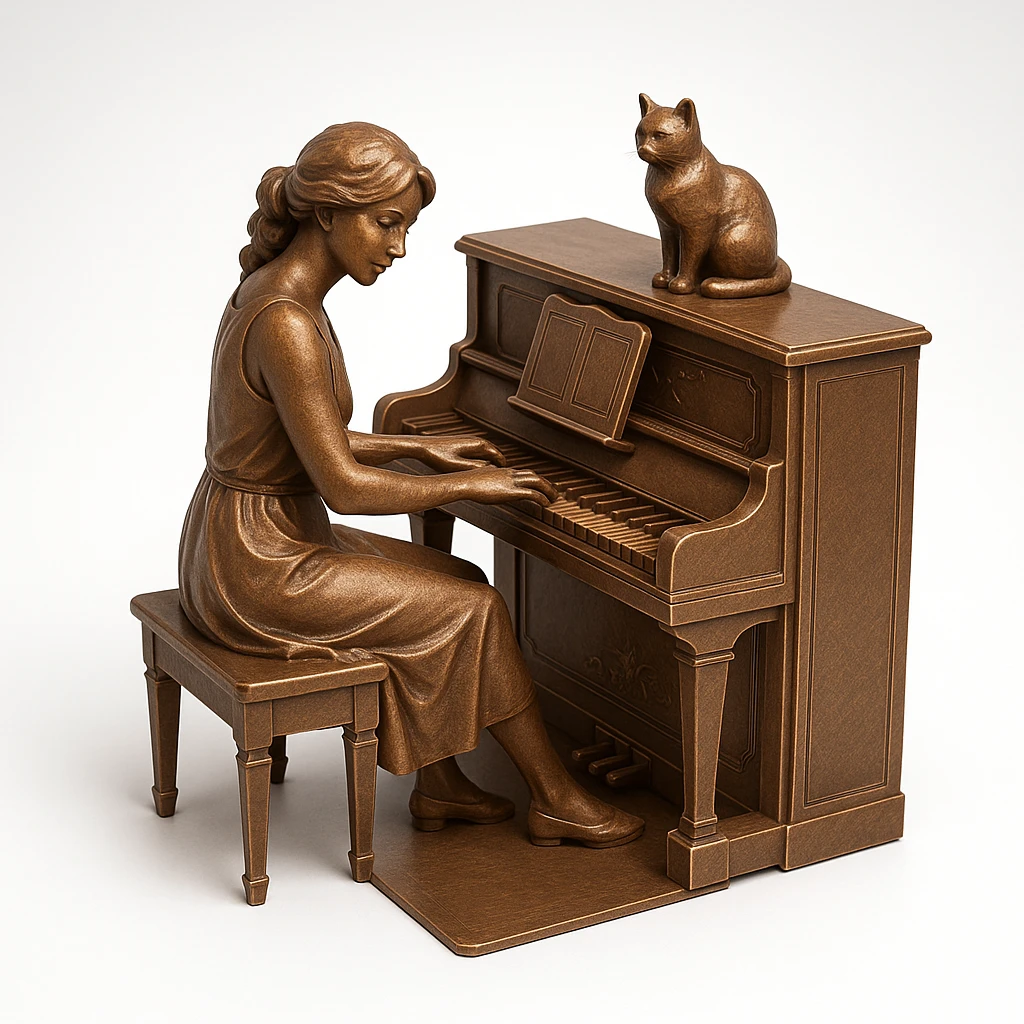 woman playing piano while her cat sits on top of the piano emoji