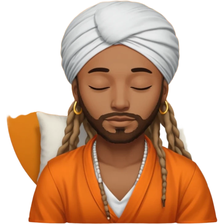 Brownskin man with long dreadlocks add a white turban on his head orange shirt sleeping emoji
