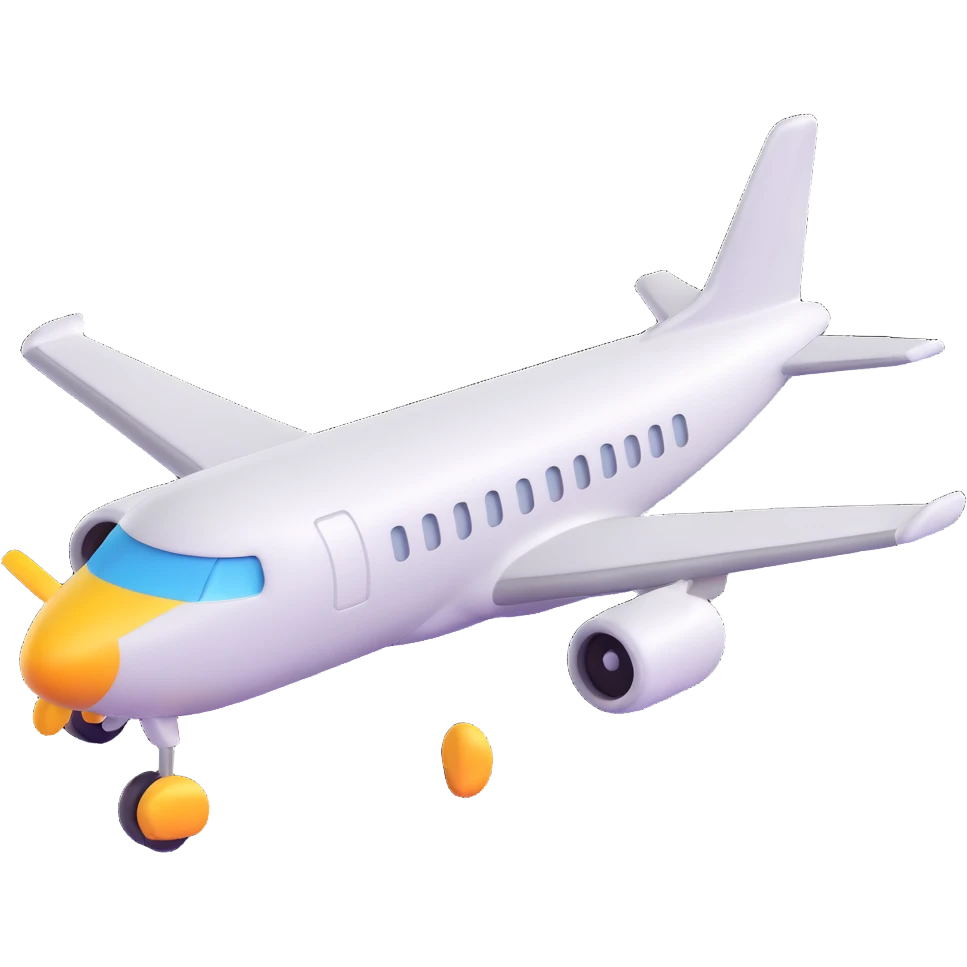 Make an airplane emoji that looks exactly like the reference image, ignoring the crocodile. Style it in iOS emoji style with 3D, shiny, smooth gradients, soft shadows, realistic airplane shape, classic emoji look, and add a soft shadow under the airplane. emoji