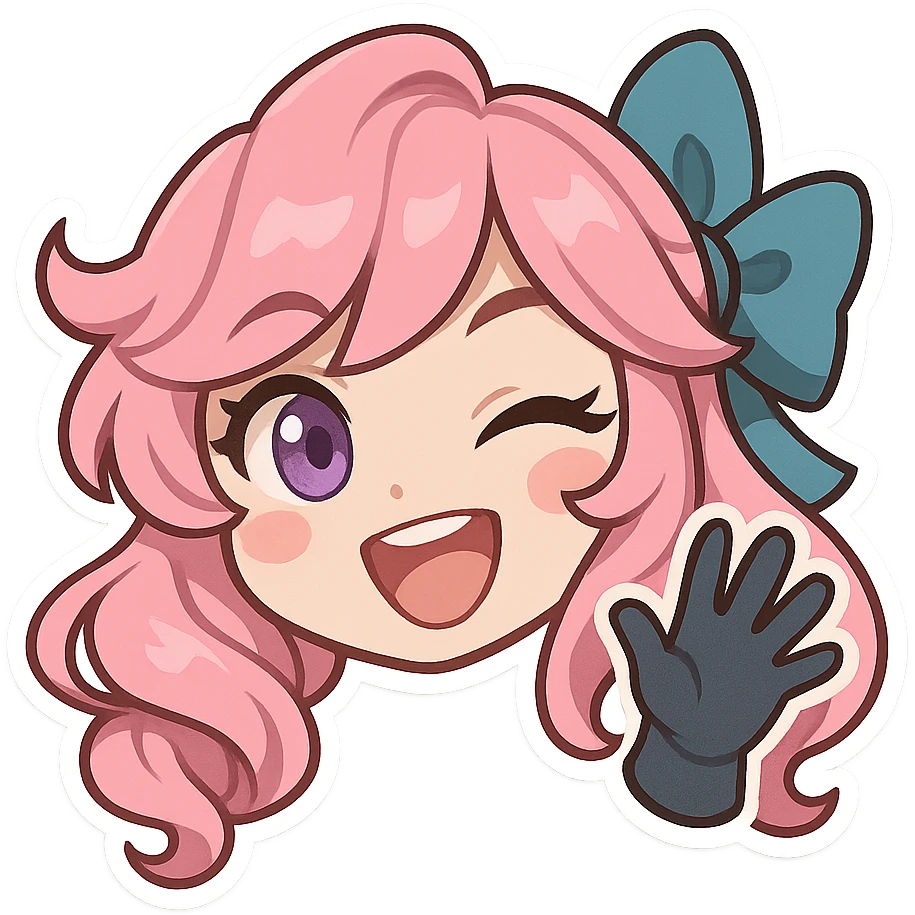 chibi style Gwen from League of Legends, only head, right eye purple, one hand waving with glove, big smile, energetic pose, pink hair emoji