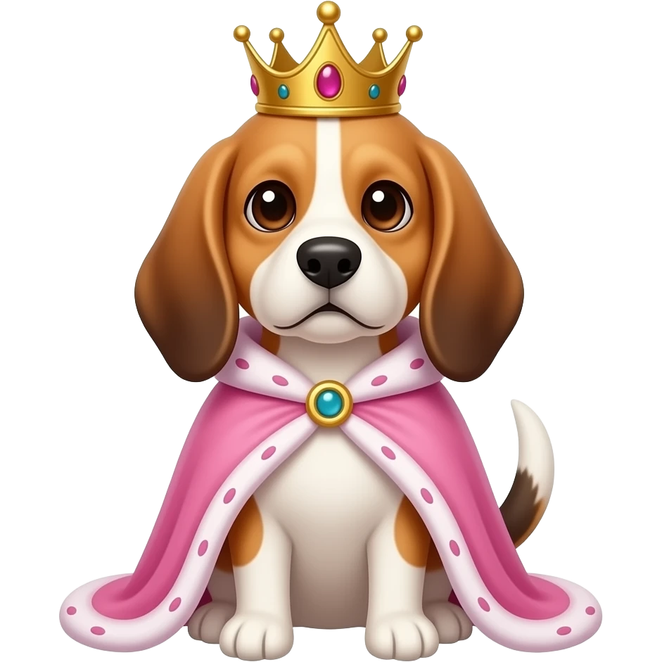 Queen beagle wearing crown and pink royal cape emoji