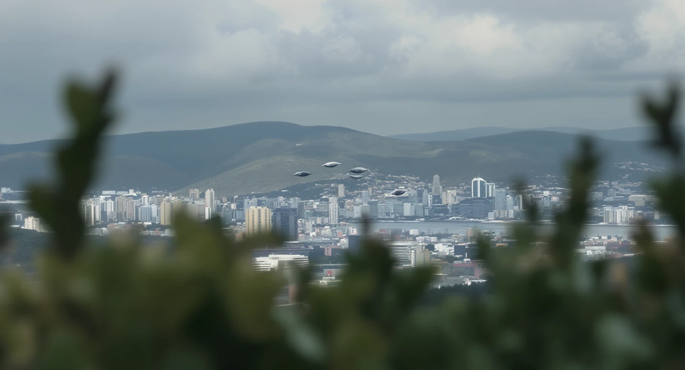 A cinemaatic still of a city, blurred plants in the foreground, whales fly above city sky, rolling hills in the background, cinematic depth of field, layered composition, natural lighting emoji