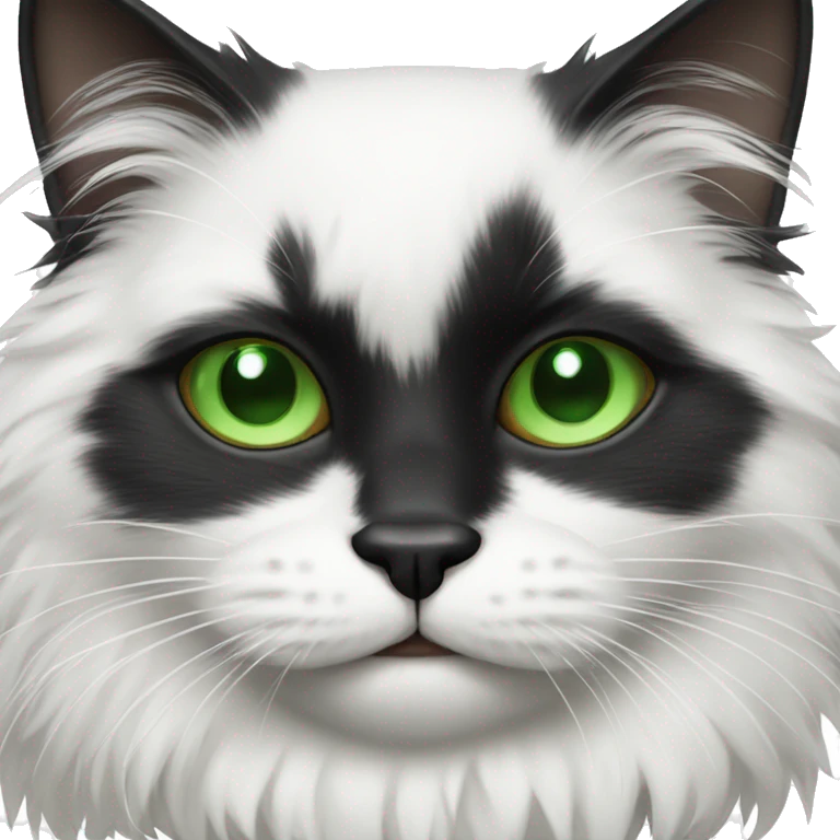 Fluffy black and white cat with green eye emoji