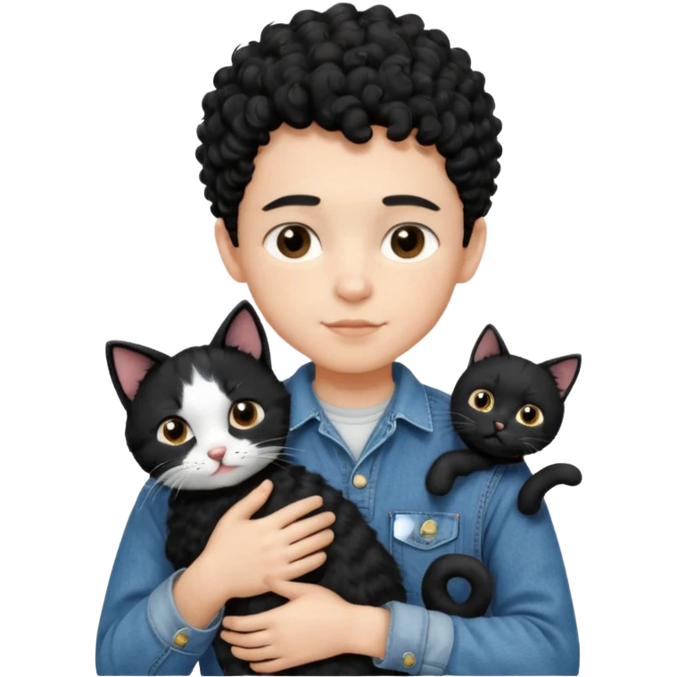Apple emoji of a 13-year-old boy with short black curly hair, light skin, dark brown eyes, wearing a denim shirt and overalls, hugging a black and white cat. emoji