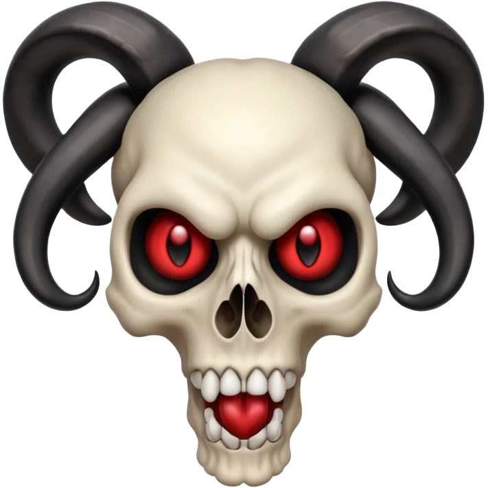 Stylized skull with dramatic curled black ram horns, intense red eyes, wide open mouth, blending iconic features from references, apple emoji style emoji