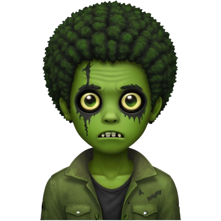 green boy, zombie, black 4c textured hair, afro, emo, shaggy, dark, spooky, creepy expression emoji. emoji
