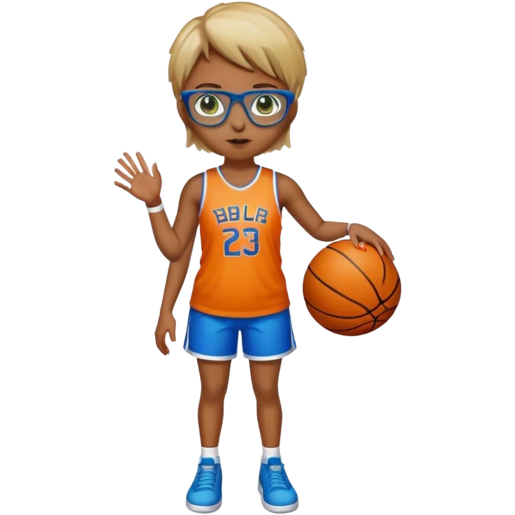 Full Body Girl with basketball real short brown hair with blond highlights wearing blue glasses with green eyes emoji