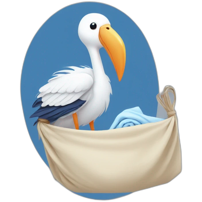 White stork carrying a blue bundle of cloth in its beak that has a human person cute baby with and the human baby head is peeking from the fabric bundle the strok is carrying with its beak emoji