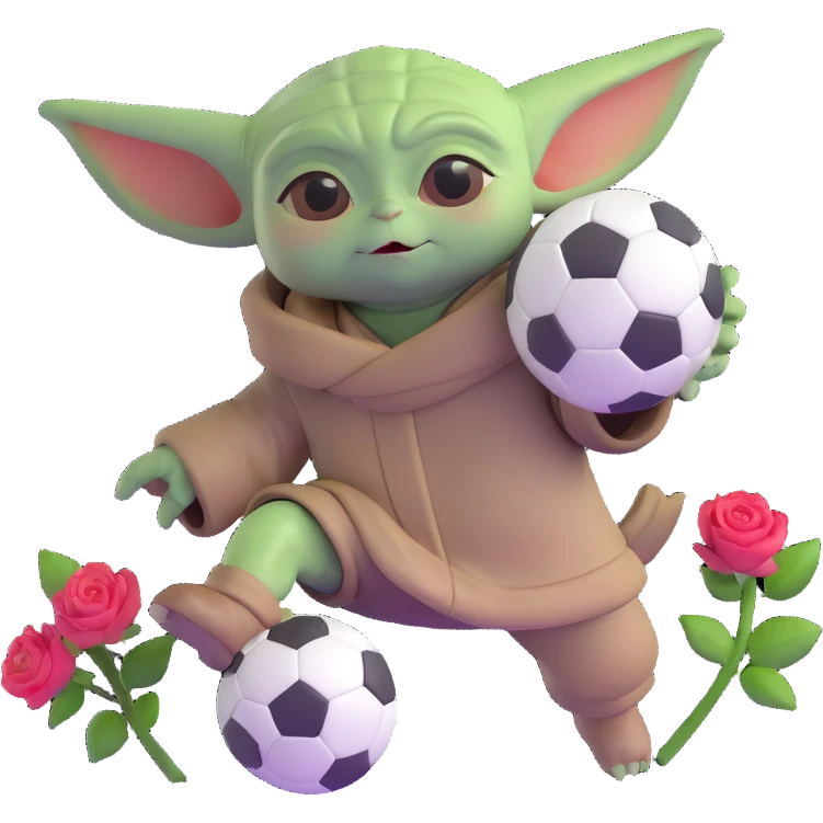 baby yoda kicking a soccer ball with small roses beside him emoji