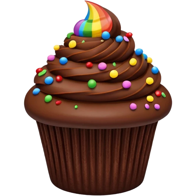 chocolate cupcake with chocolate frosting only, rainbow sprinkles emoji