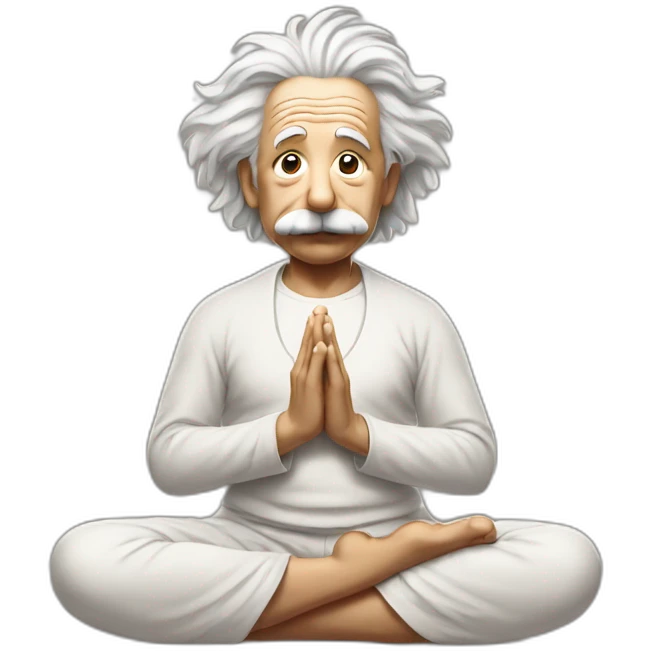 Einstein sitting in yoga position with fingers mudra emoji