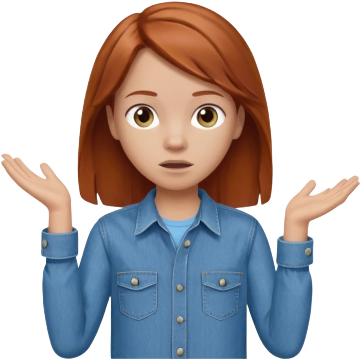 shrugging emoji tween auburn hair light blue shirt with a darker blue L emoji