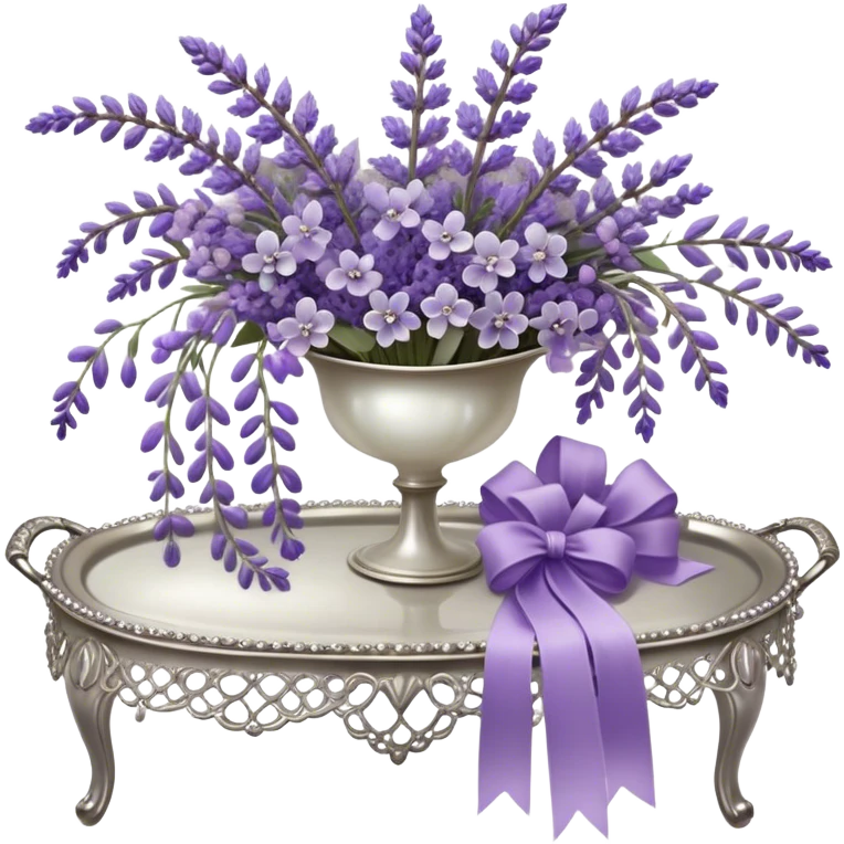 A cascading bouquet of lavender, blending soft lilac, dusky violet, and deep amethyst hues, is wrapped in delicate pearl-colored lace, tied with a silky wisteria ribbon. The stems, slightly uneven and wild, spill gently over the edge of an antique silver tray, where a few loose buds rest, their fragrance mingling with the faint scent of aged paper and timeworn fabric.
 emoji