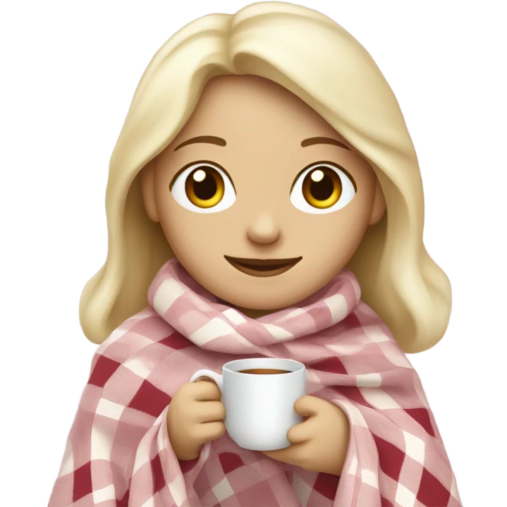 A pale blonde girl covered in a plaid light pink blanket sipping tea emoji