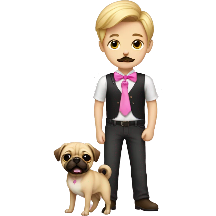A blonde boy with mustache and beard holding a pug with a pink bow emoji