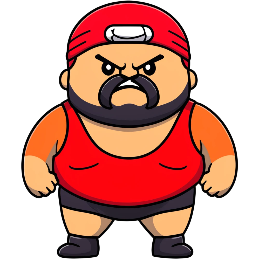 Close-up of morbidly obese white skin guy with young face, prominent BLACK DURAG tied clearly on head, distinct black beard and mustache, no muscle, black eyes in a red and black wrestling singlet with angry face emoji
