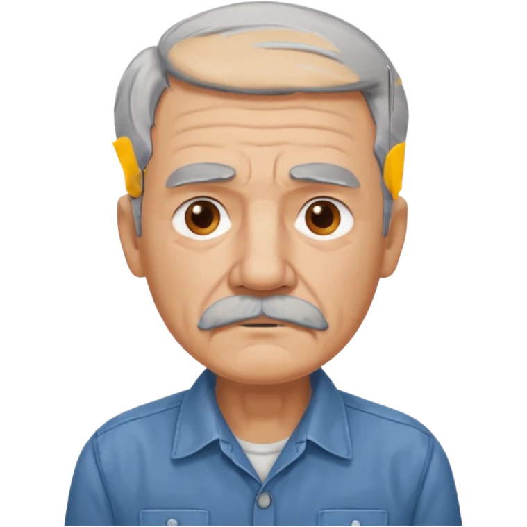 Old man with gray hair and mustache and working shirt. sad expression emoji