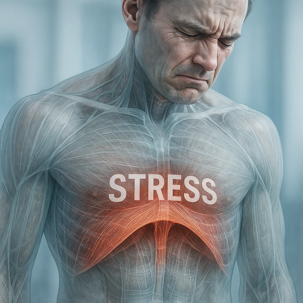 hyper realistic image showing male diaphragm blocked by stress, anatomical details, stiff muscles, transparency effect to see fibers, clinical atmosphere, cool tones emoji