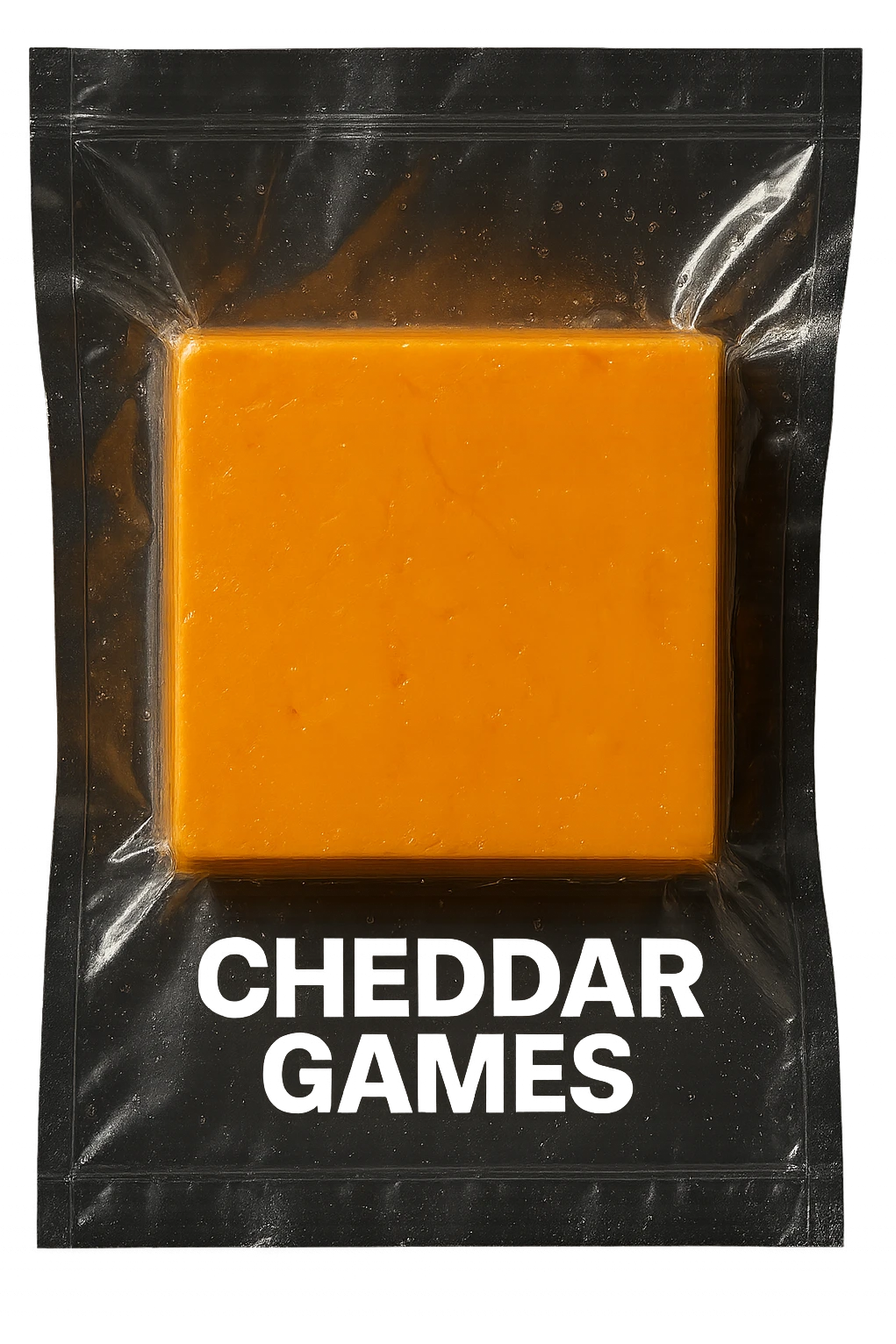 Replace the hand in the plastic packaging with a perfectly square, clear orange cheddar cheese block. Change the packaging text to say 'Cheddar Games'. The image should have no background, transparent background. emoji