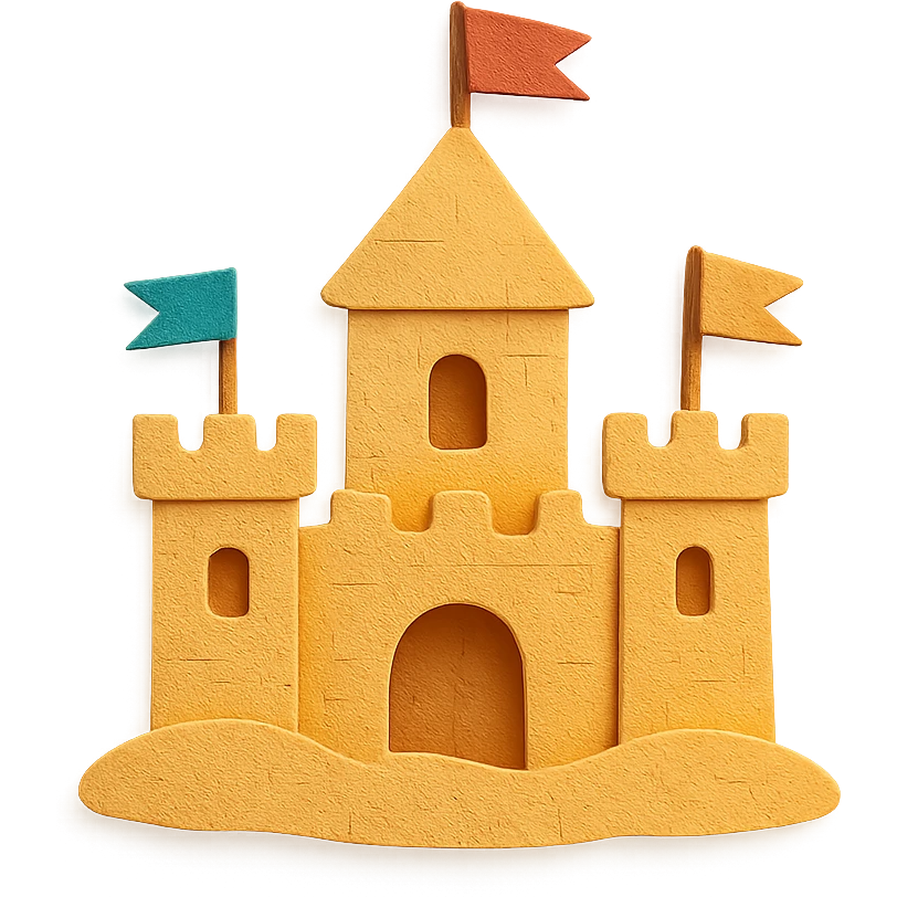 detailed and playful sand castle with flags in paper-craft style emoji