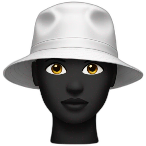 white mannequin wearing black bucket hat emoji