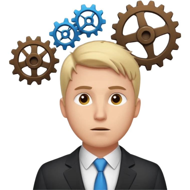 a man with gears turning above his head, deep in thought about a startup emoji