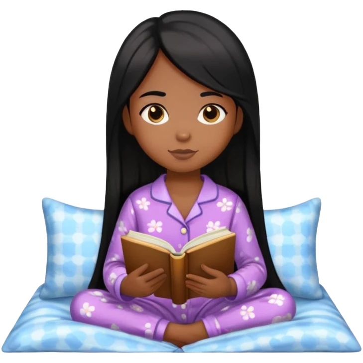 Menina de pele parda e cabelos pretos lisos e longos, está usando pijama e lendo um livro  emoji