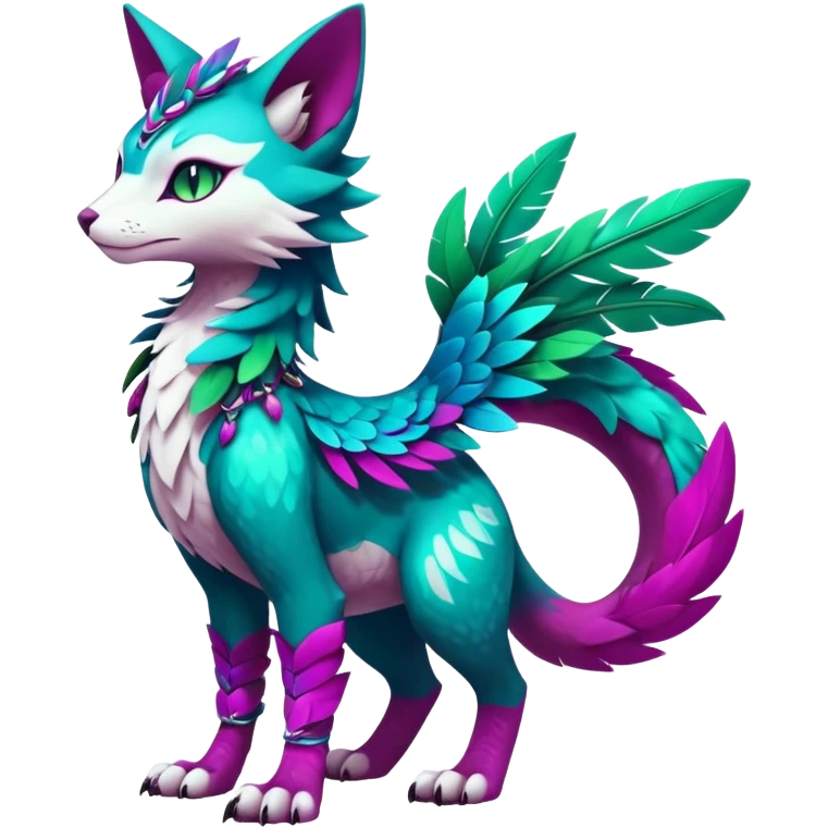 Kawaii cute colorful iridescent deep-dark-turquoise-green and magenta and white beautiful pretty elegant divine edgy feline-vernid-sergal-Fakémon-Pokémon-fursona-animal-creature with accessories, full body, with intricate detailed markings, feathers emoji