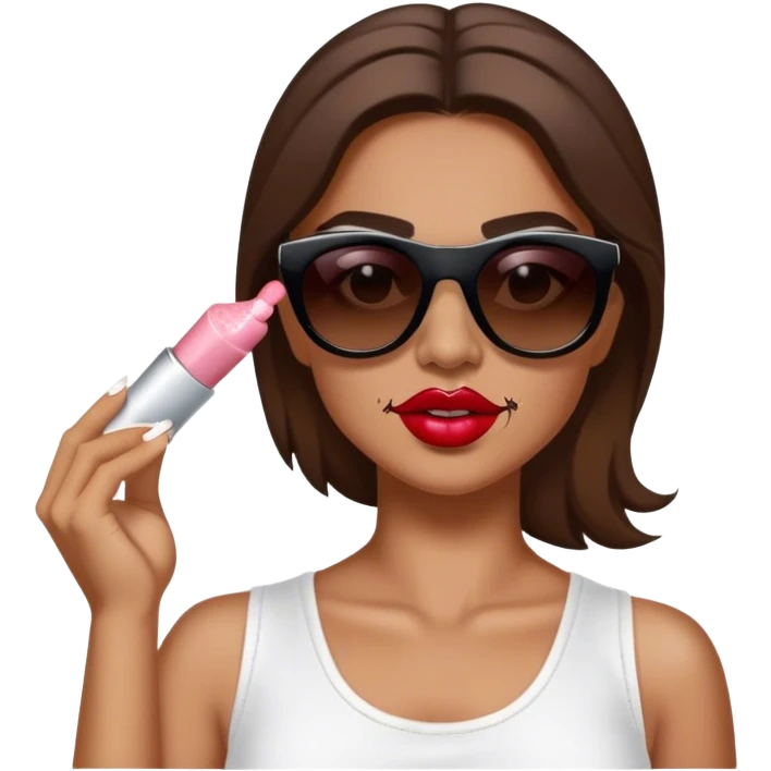 White woman with brown hair posing as salt bae with sunglasses. She is sprinkling salt on top of lipsticks, eyeshadows, and blushes emoji