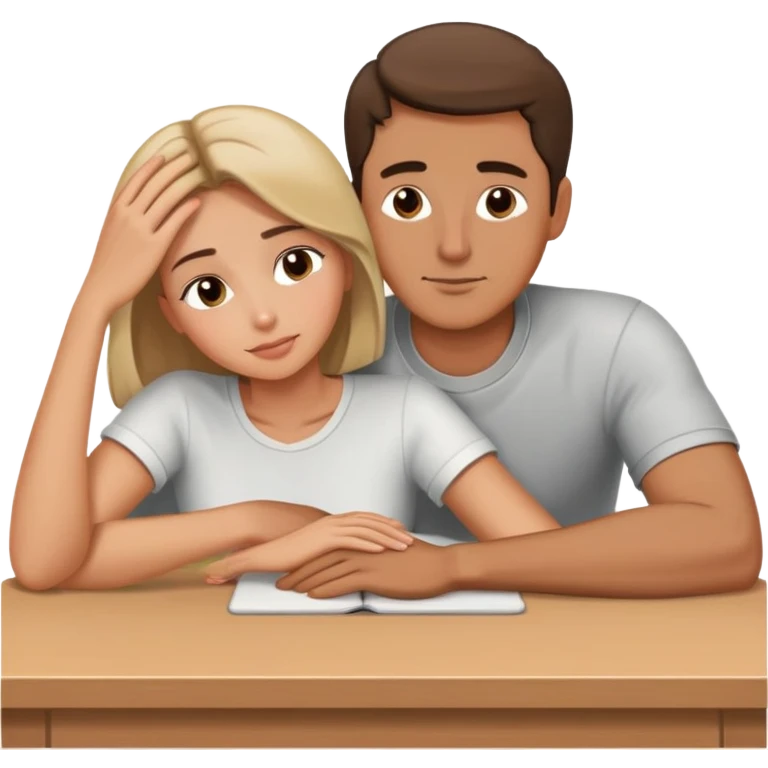 Man and gf sitting at the table and woman laying her head at the men's arm emoji