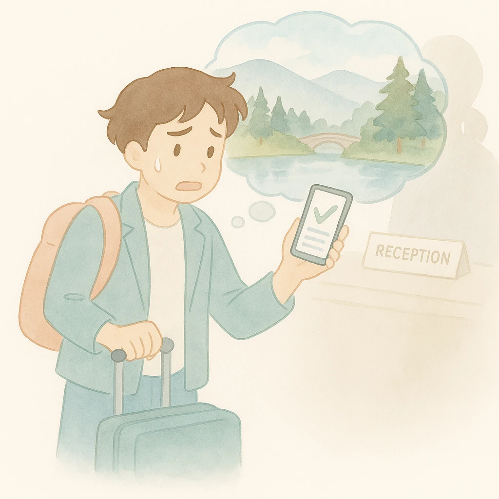 Edit the image of the guy lying on a bed daydreaming about Da Lat. Add a dreamy thought bubble above his head showing Da Lat scenery including pine trees, hills, and Xuan Huong Lake. Remove the words 'first time' from the image. Maintain the soft watercolor illustration style with pastel colors, delicate linework, a gentle whimsical mood, anime-inspired features, and minimal soft shading. emoji
