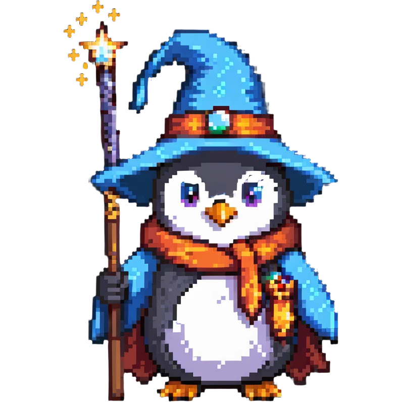 penguin wearing wizard hat and robe holding a magic wand emoji