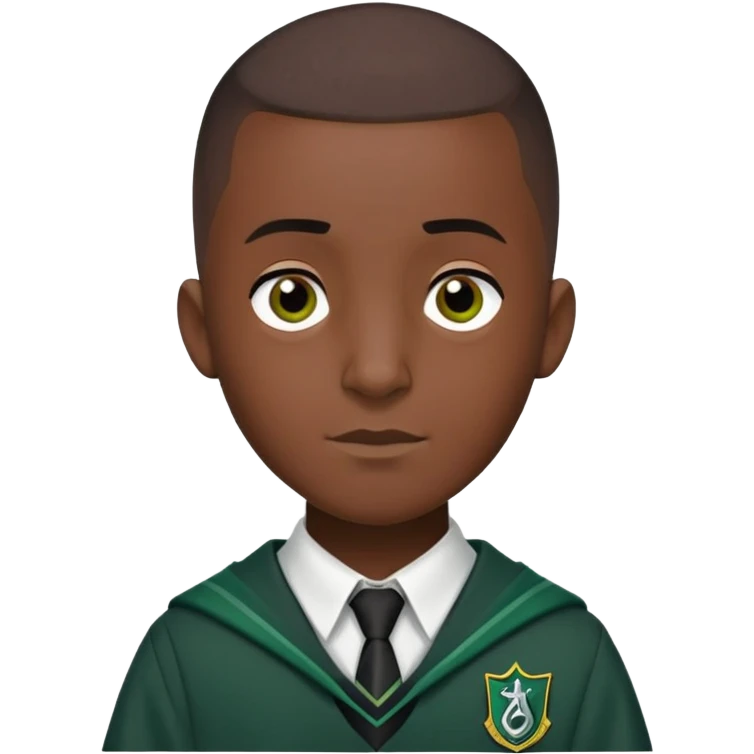 louis cordice is Blaise Zabini in harry potter, wear hogwarts slytherin uniform, Classic Buzz Cut hair, long face,thin, black skin emoji