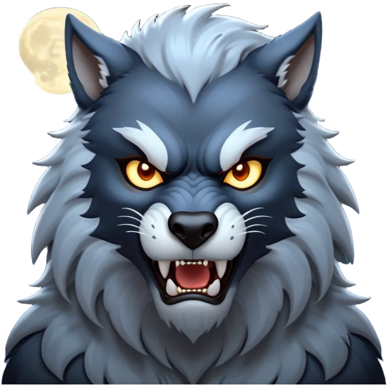 cinematic-noble-fierce-werewolf-portrait-emoji, poised-and-imposing, with a tall, slender, muscular frame, fur rippling in shades of midnight black and silver, eyes glowing with an intense, primal ferocity, reflecting the untamed power of the wild moonlit night; rendered with realism emoji