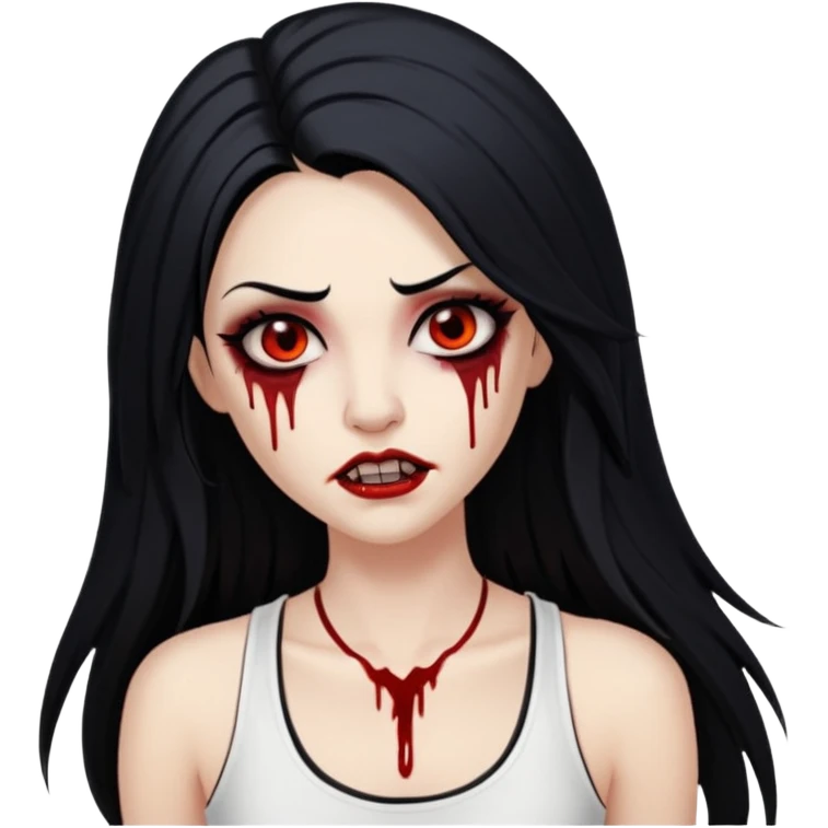 White woman with a white tank top long black hair glossy middle part long hair vamp look with fangs or blood dripping brown eyes eyeliner winged with lashes top and bottom emoji