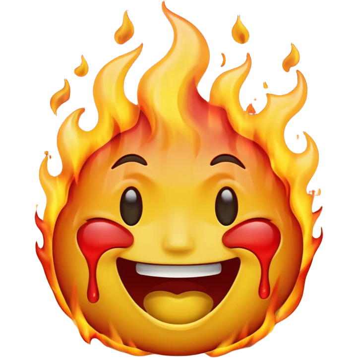 A high-resolution, surreal emoji face with a transparent background. The emoji is simultaneously laughing, crying, and melting while on fire.  emoji
