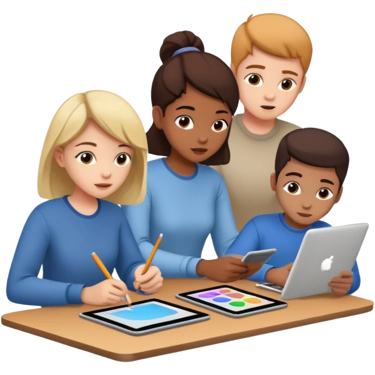 three students collaborating on design with drawing tablets and computers emoji