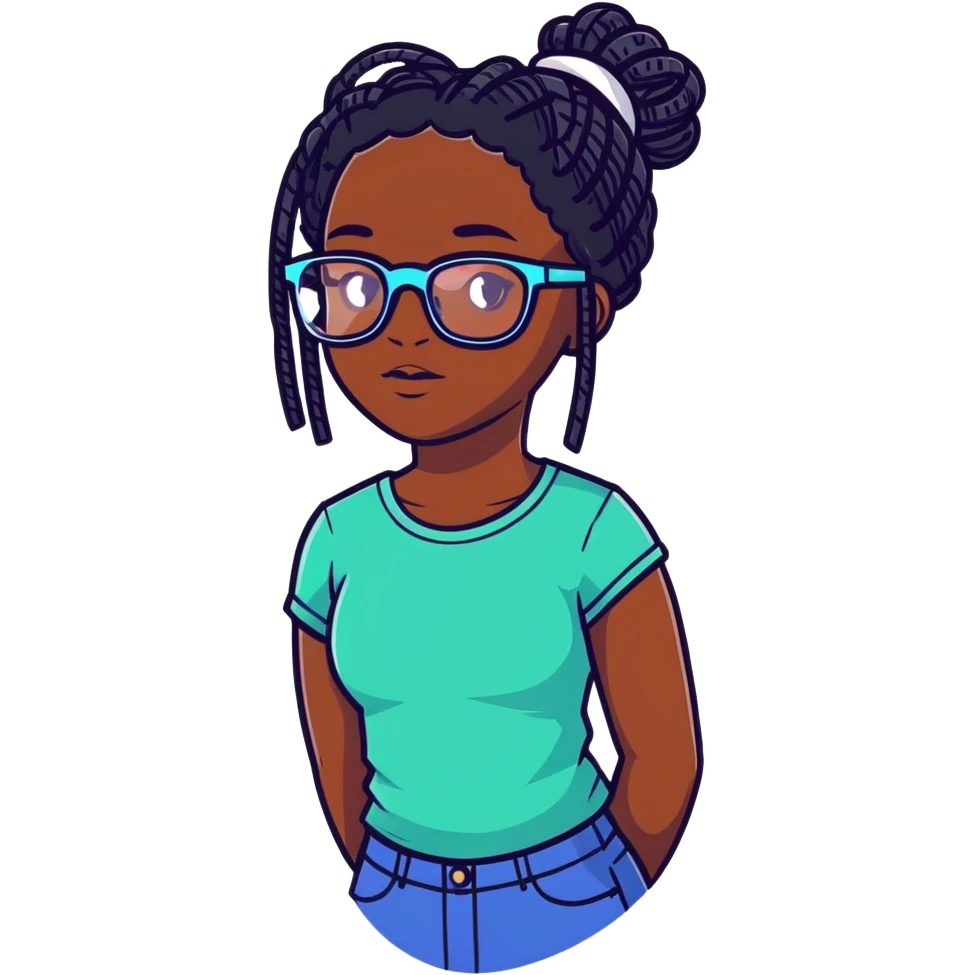Dark skin girl with black short locs and clear glasses emoji