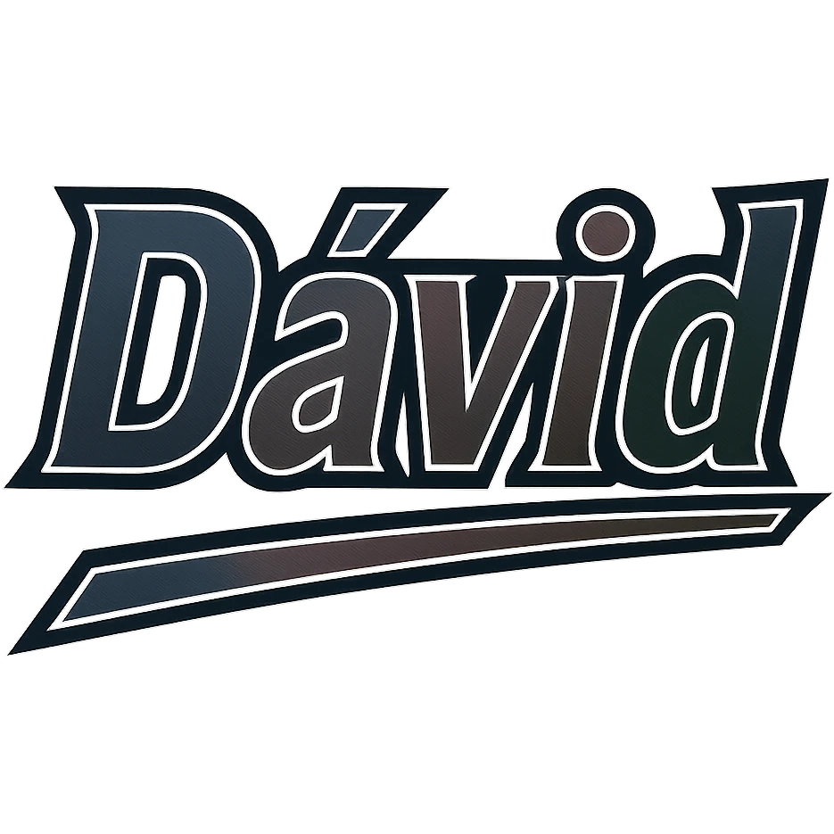 Dávid name in masculine, modern gradient font with dark contour and thin white edging, dynamic slanted underline, masculine color shades (blue, gray, burgundy, green, brown), 1000x1000 px, PNG, transparent background, in the style of the uploaded Attila sample. emoji
