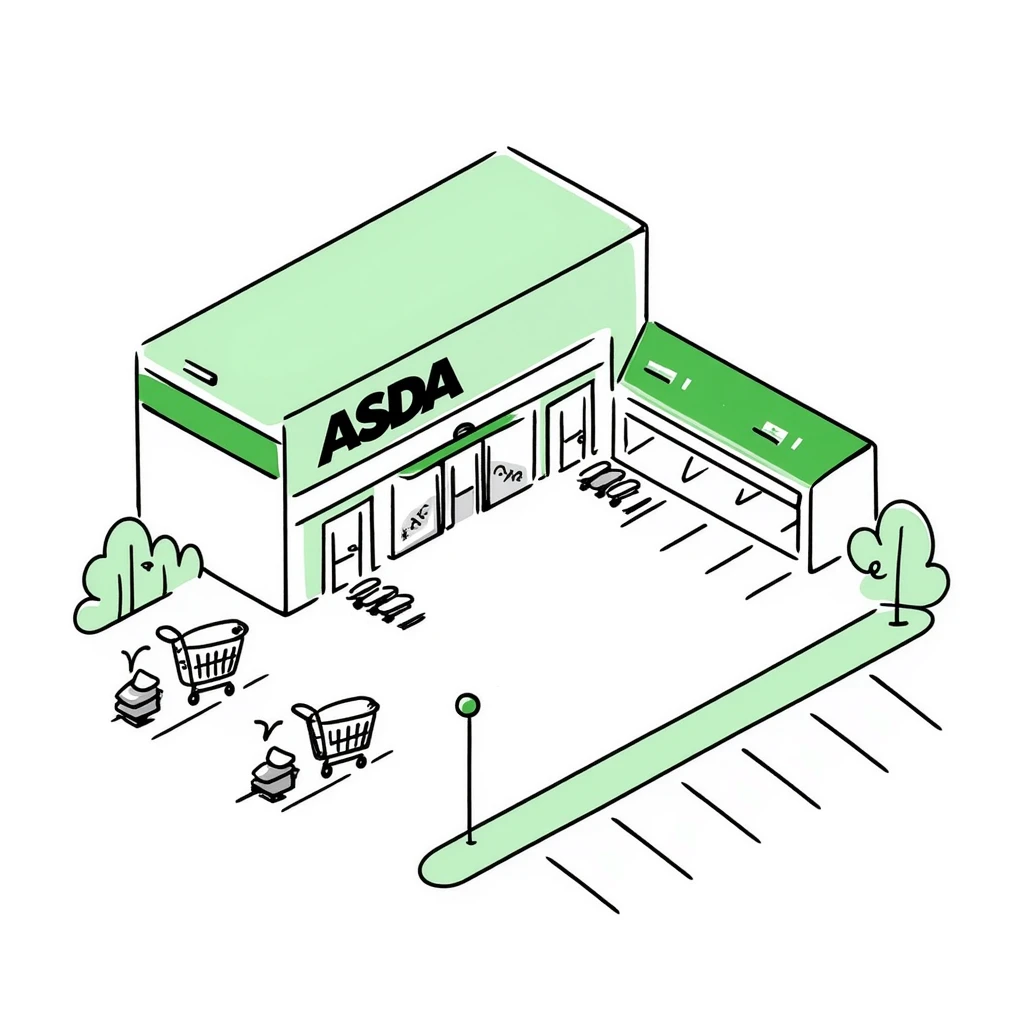 Isometric ASDA supermarket with distinctive green branding, shopping trolley collection points, customer entrance with automatic doors, and car park emoji