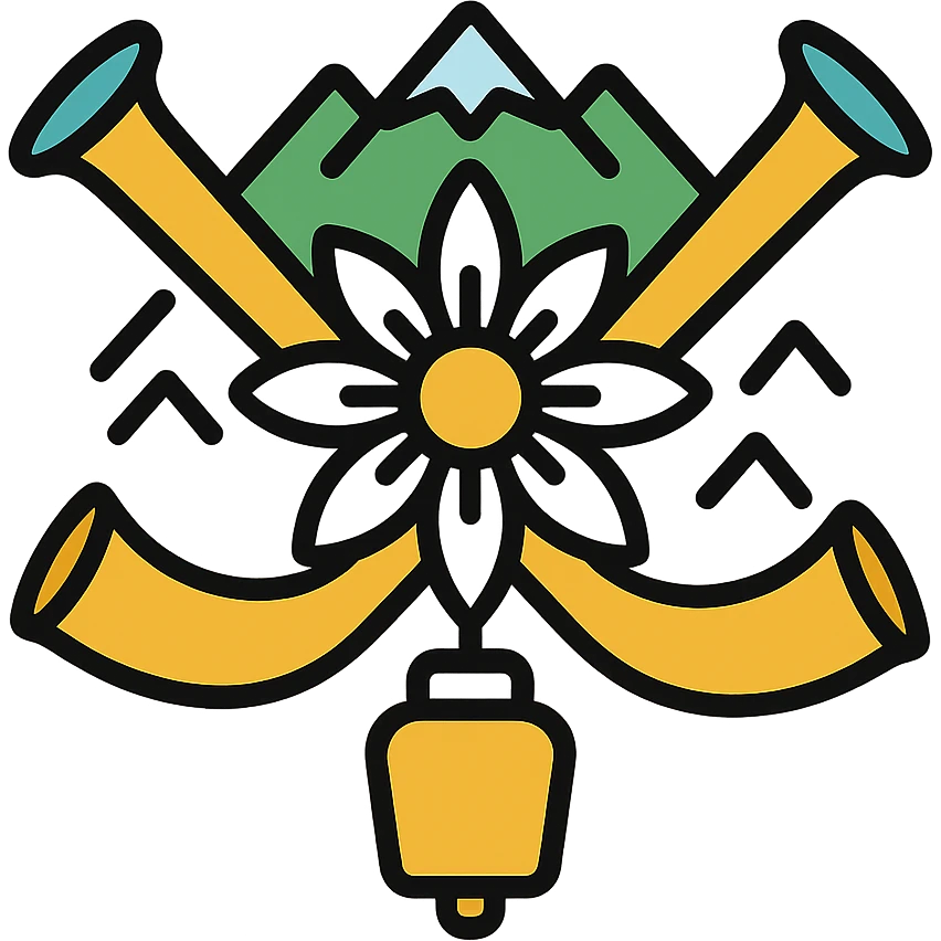 two crossed alpine horns behind an edelweiss, surrounded by mountain motifs, hanging cowbell, colorful icon style, alpine kitsch inspiration emoji