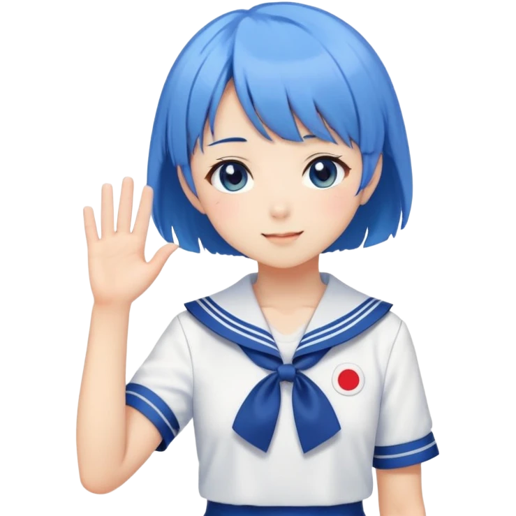 Anime girl with short bright blue hair wearing Japanese sailor style school uniform, composed posture with hand on hip but shyly waving with other hand, blushing face and timid smile emoji