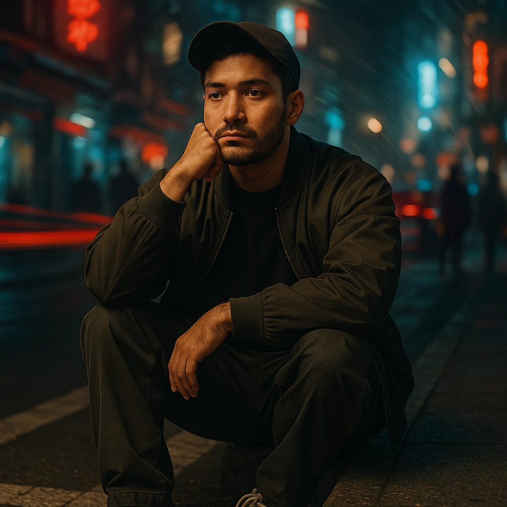 Create a cinematic night photo of a Southeast Asian man in his early 30s with medium tan (sawo matang) skin tone, sitting on the edge of a city sidewalk at night. He wears a dark bomber jacket over a plain oversized T-shirt, loose-fit cargo pants, worn-in sneakers, and a black baseball cap forward and slightly tilted. He sits with one knee up, one arm resting across it, the other hand propping up his head, chin on knuckles, staring blankly ahead, deep in thought. The urban background is chaotic and colorful with glowing neon signs, red and blue light streaks from cars, blurred pedestrians, and a spiral or radial motion blur effect. Cinematic lighting softly highlights his face with a warm glow, surroundings moody and dark, raw introspective neo-noir feel. Gritty textured ground with crosswalk lines and asphalt. Use the reference image for facial structure and vibe. emoji