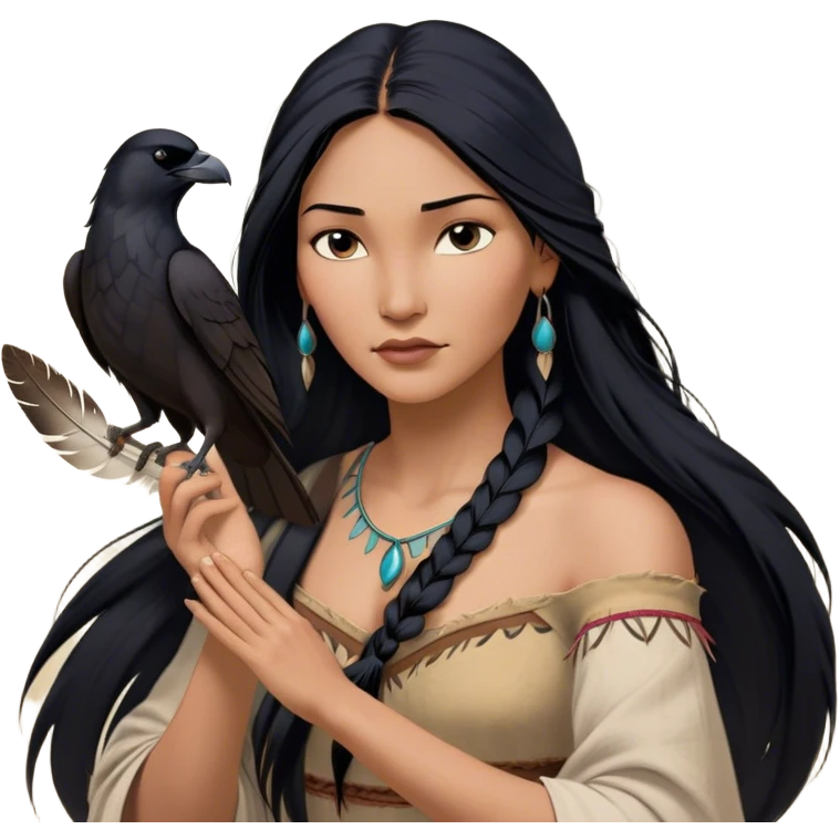 Cinematic Realistic Pocahontas Portrait, depicted with lifelike skin texture, soft natural lighting, and intricately detailed long, flowing raven-black hair that moves gracefully in the wind. Her deep, soulful dark brown eyes exude wisdom and strength, complemented by a serene yet powerful expression. She is shown gently holding a feather in one hand, her other hand resting lightly at her side, embodying the harmonious balance between nature and herself. She is dressed in her classic one-shoulder native American dress, with rich fabric textures and delicate beaded details that catch the light beautifully. The portrait features a soft, sun-kissed glow with a natural, radiant finish, capturing the essence of untamed beauty and deep connection to nature in a realistic and painterly style, evoking a sense of depth and authenticity. emoji
