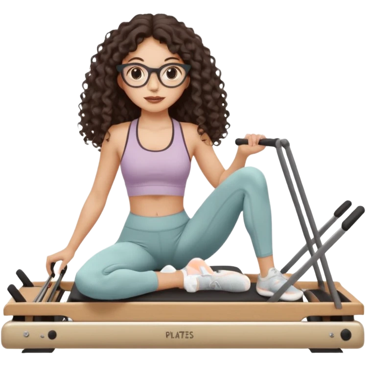Memoji-style girl with long dark brown curly hair, round glasses, large brown eyes, soft rounded face,makeup, warm beige skin tone, wearing Pilates activewear performing Pilates and reformer Pilates exercises on a reformer machine, pastel color palette, smooth soft shading,latino emoji