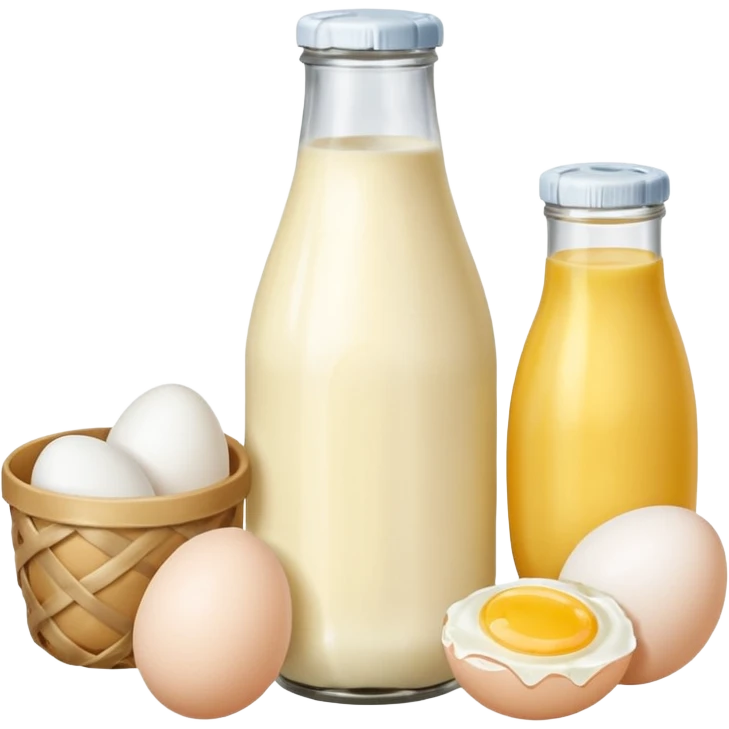 A cluster of dairy items: a milk bottle with an eggs and butter emoji