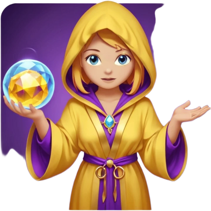 lightly tanned skin, blue eyes, cute and sexy girl with bright yellow-brown hair in a few shades of purple robe with hood, golden rings, slight cute makeup, full body, slightly turned aside pose, holding a magical ball (for future prediction) emoji